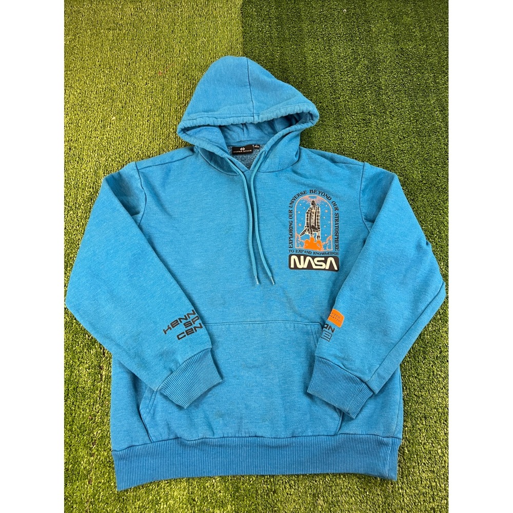 NASA Hyper Space Mens Small Blue Graphic Hoodie 1983 Mission Space Challenger